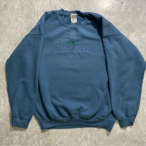 Y2K Blue Miami Beach Palm Tree Embroidered Spell Out Crewneck Large Beachcore